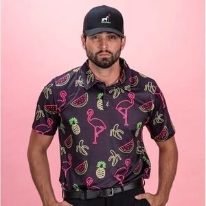 Proud 90 ninety men's golf shirt polo Sz large neon flamingo banana shirt